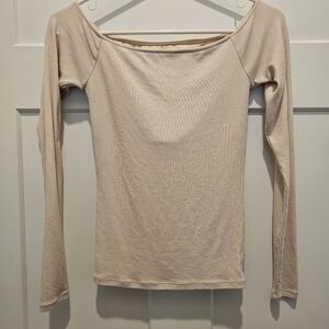 Klassy Network Spandex Rib Exposed Shoulder Long Sleeve Top Size Small Beige
